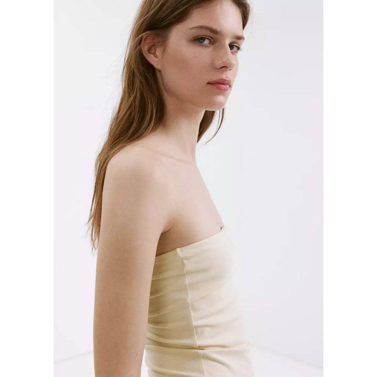 Robe bustier à broderie ajourée sable, MANGO