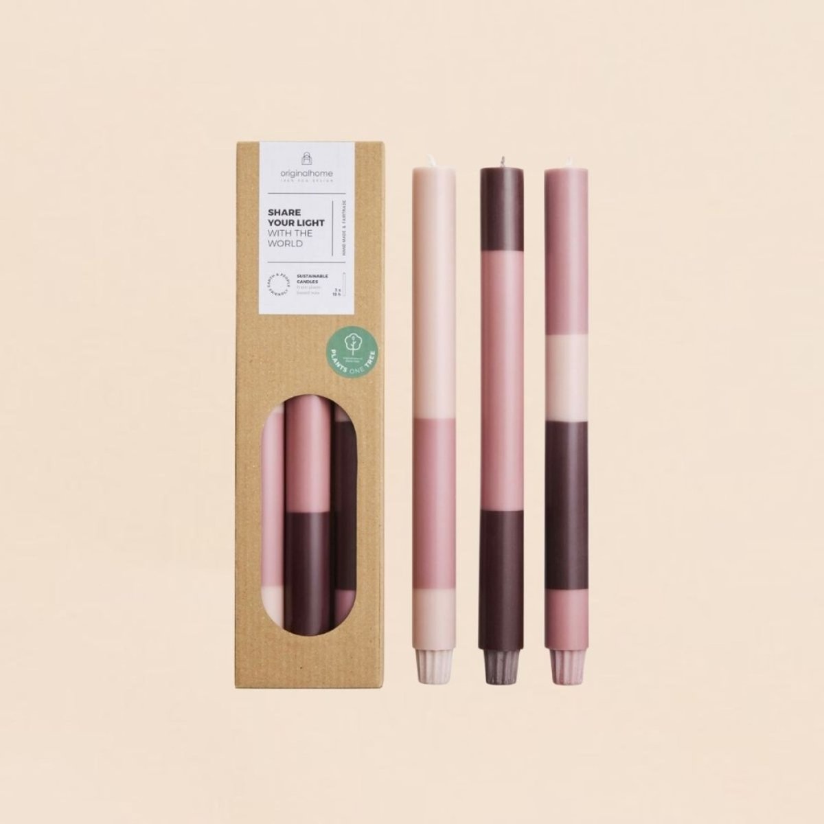 Set de 3 bougies rayées 30cm rose, ORIGINALHOME