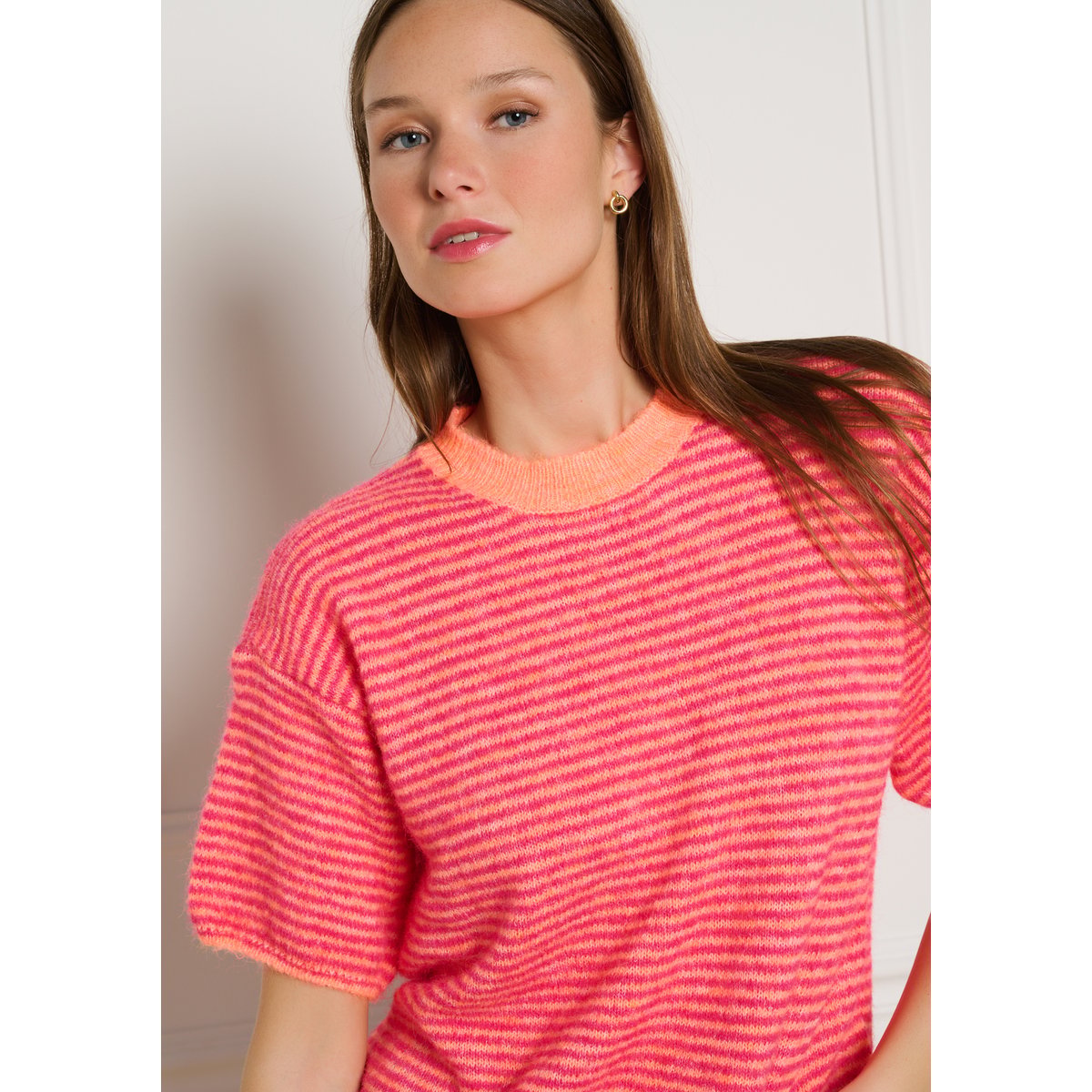 Pull rayé à manches courtes orange fluo, LOLALIZA