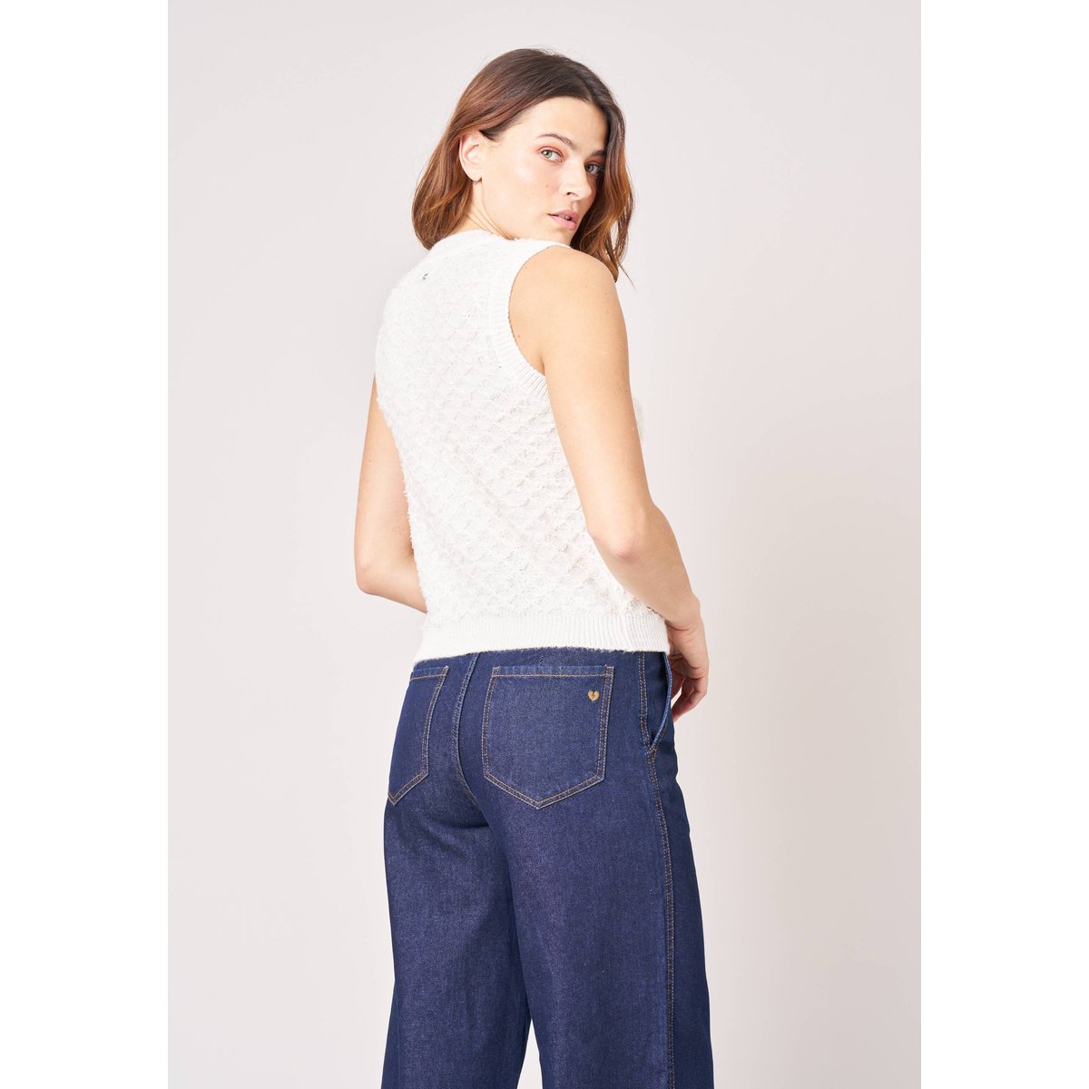 Gilet sans manches femme maille texturée MADRINA off white, DEELUXE