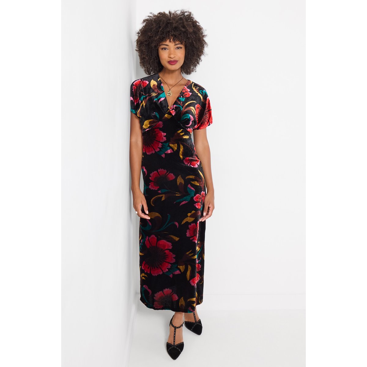 Robe Col V en Velours Fleurs Exquises noir, JOE BROWNS