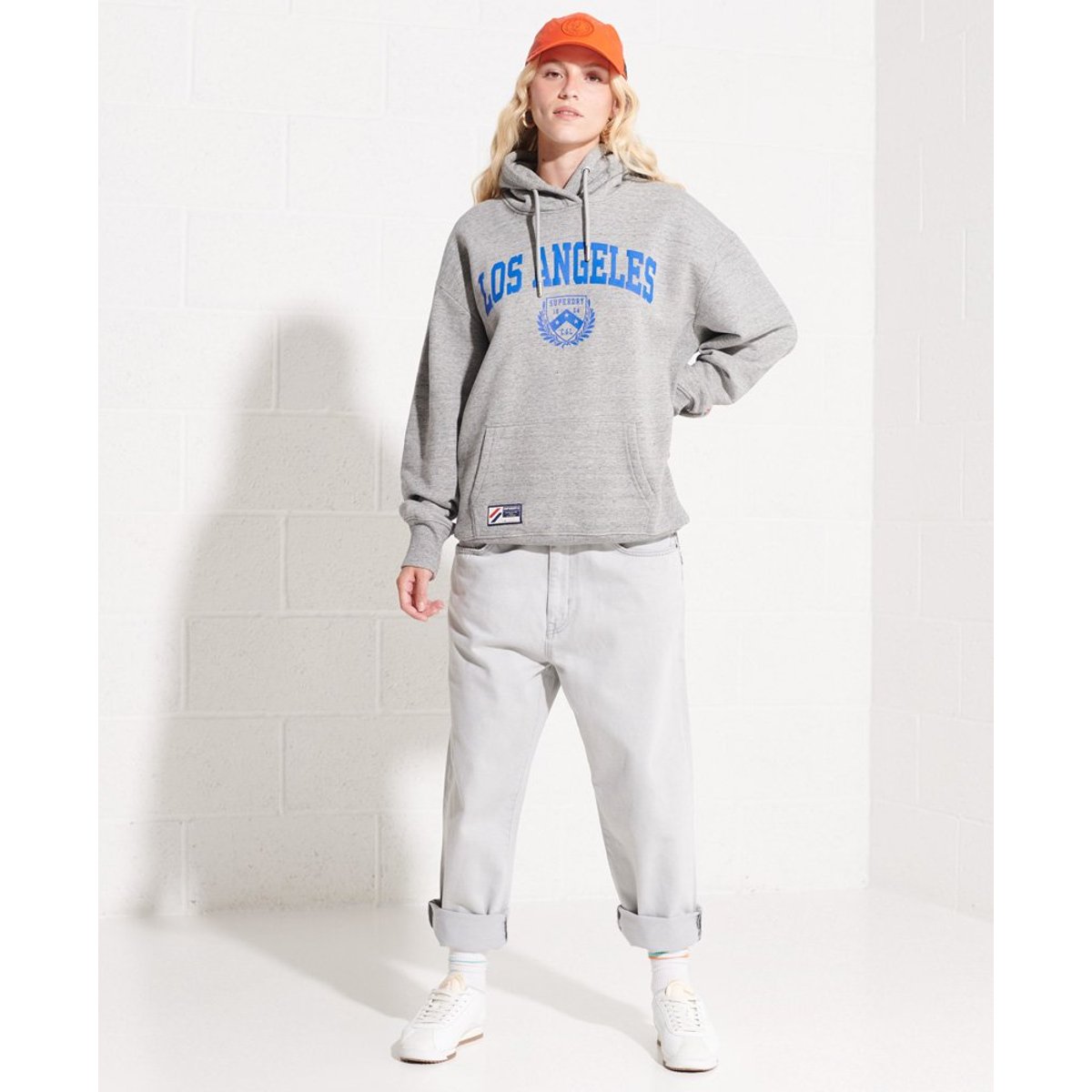 Sweat à capuche oversize City College gris chiné flammé, SUPERDRY