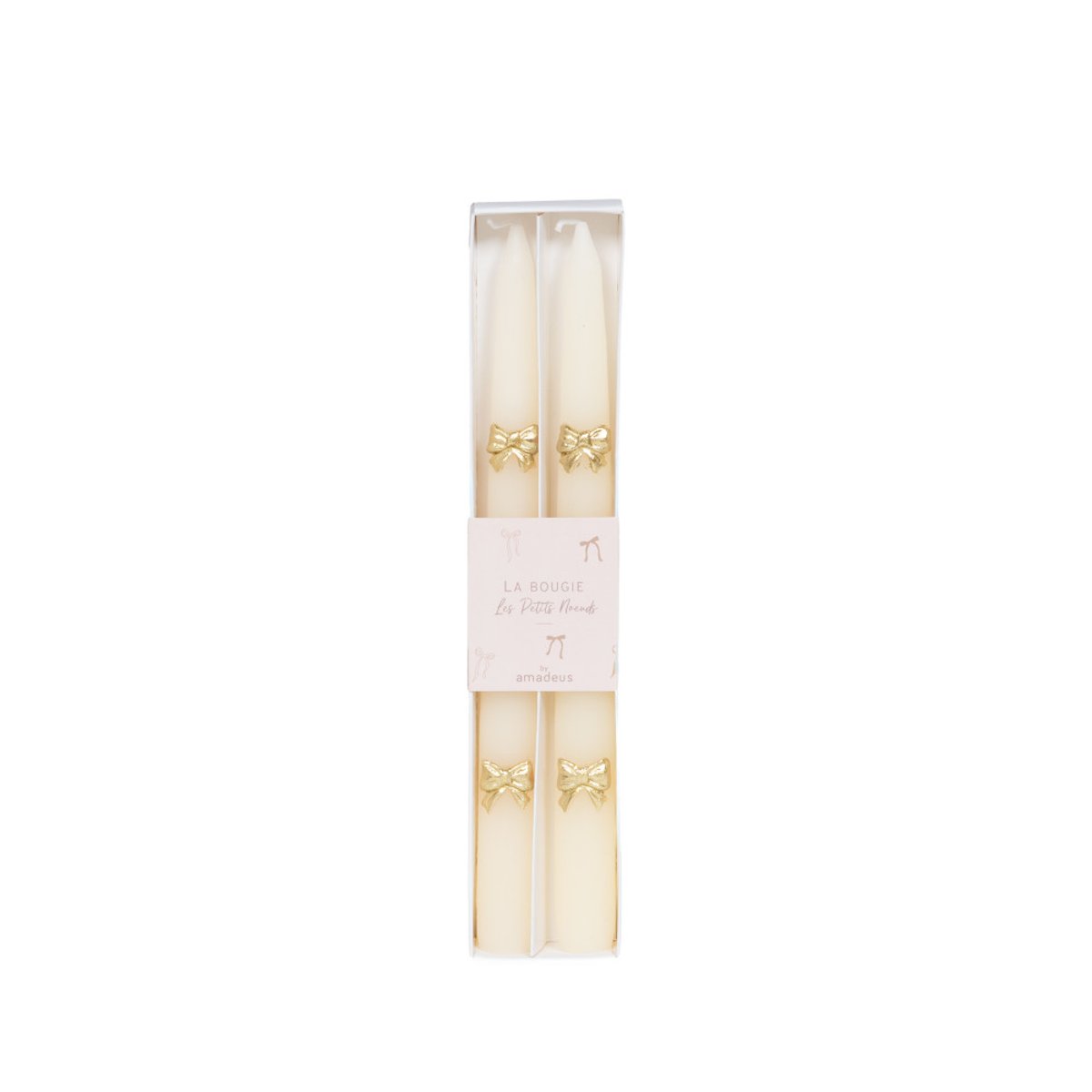 Coffret 2 chandelles noeuds dorés H25,5 cm en cire blanc, AMADEUS