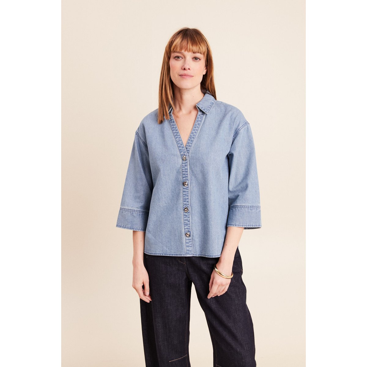 Chemise ample manches 3/4 col chemise denim double stone, BREAL