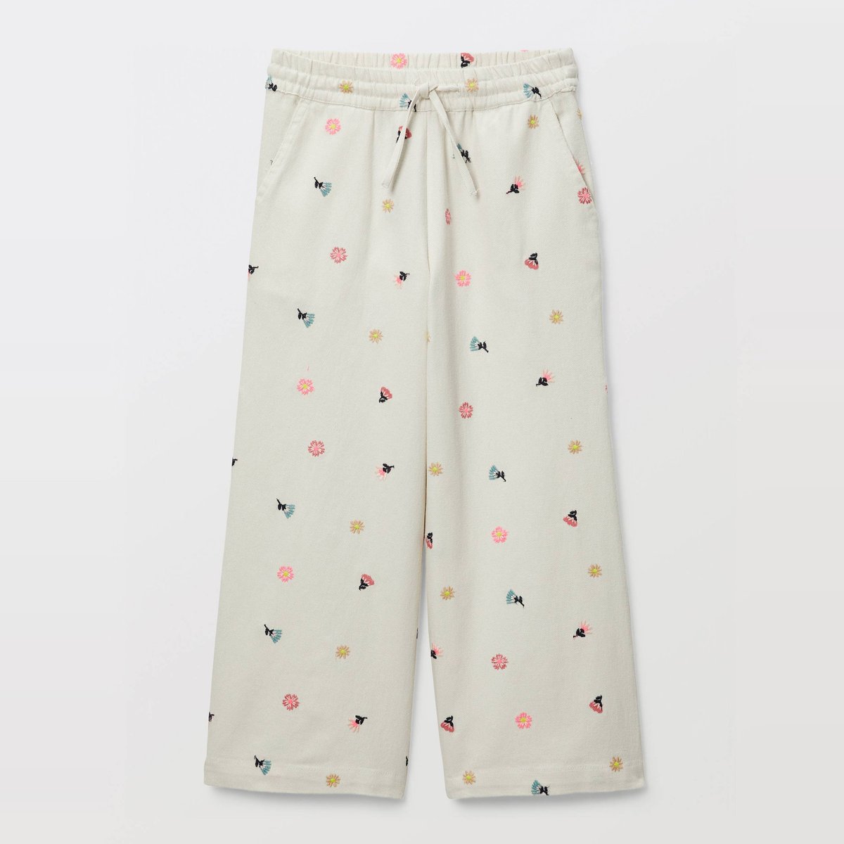 Pantalon brodé en denim léger naturel, MONOPRIX
