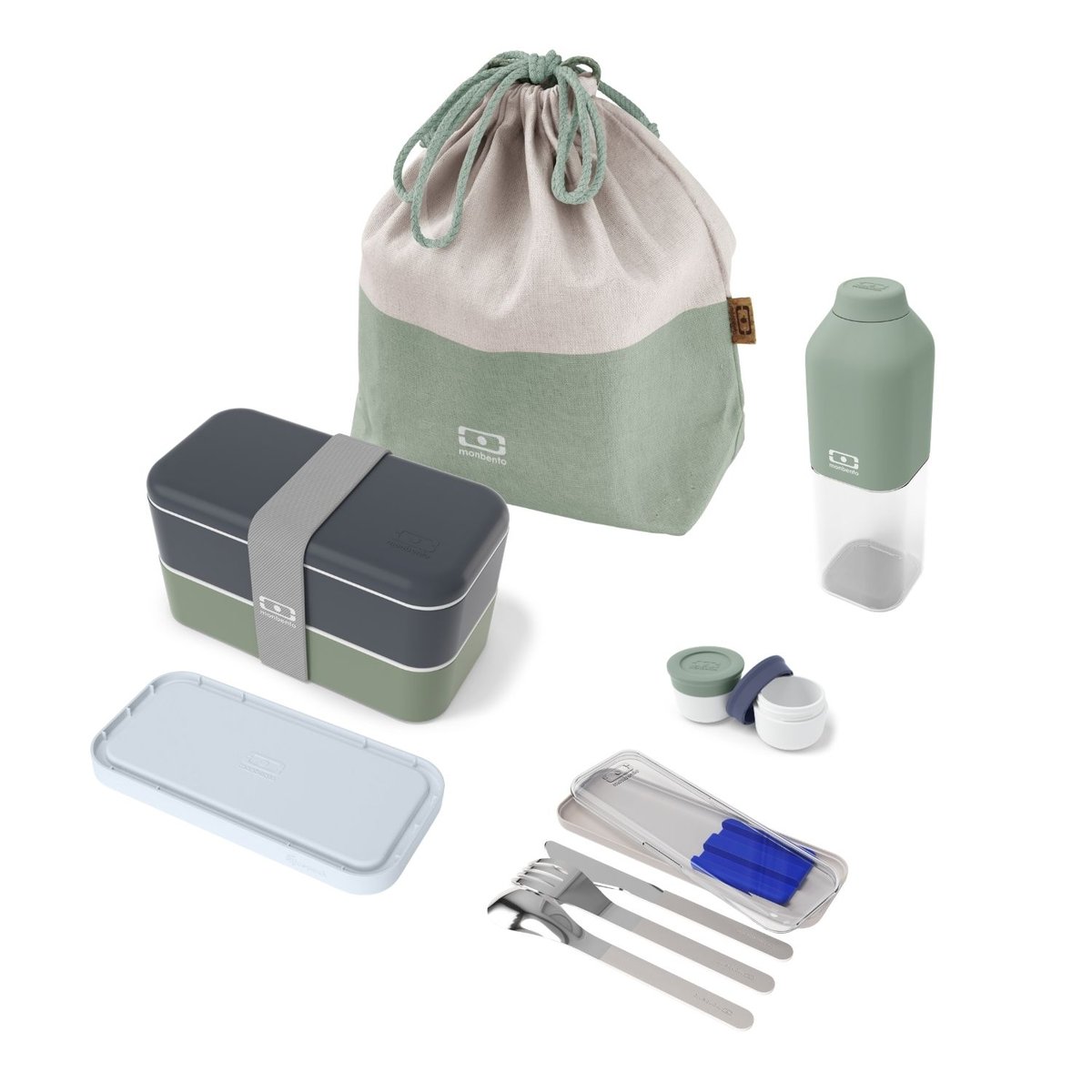 Set repas lunch box 2 étages 1L avec accessoires bleu/vert, MONBENTO