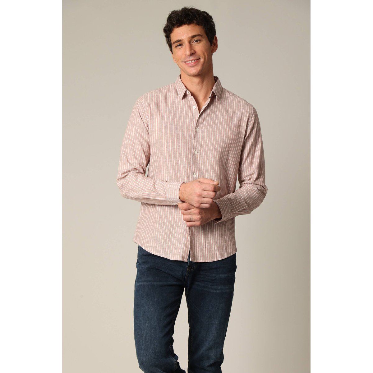 Chemise jacquard en lin à rayures fines et manches longues MYERS dust pink, DEELUXE