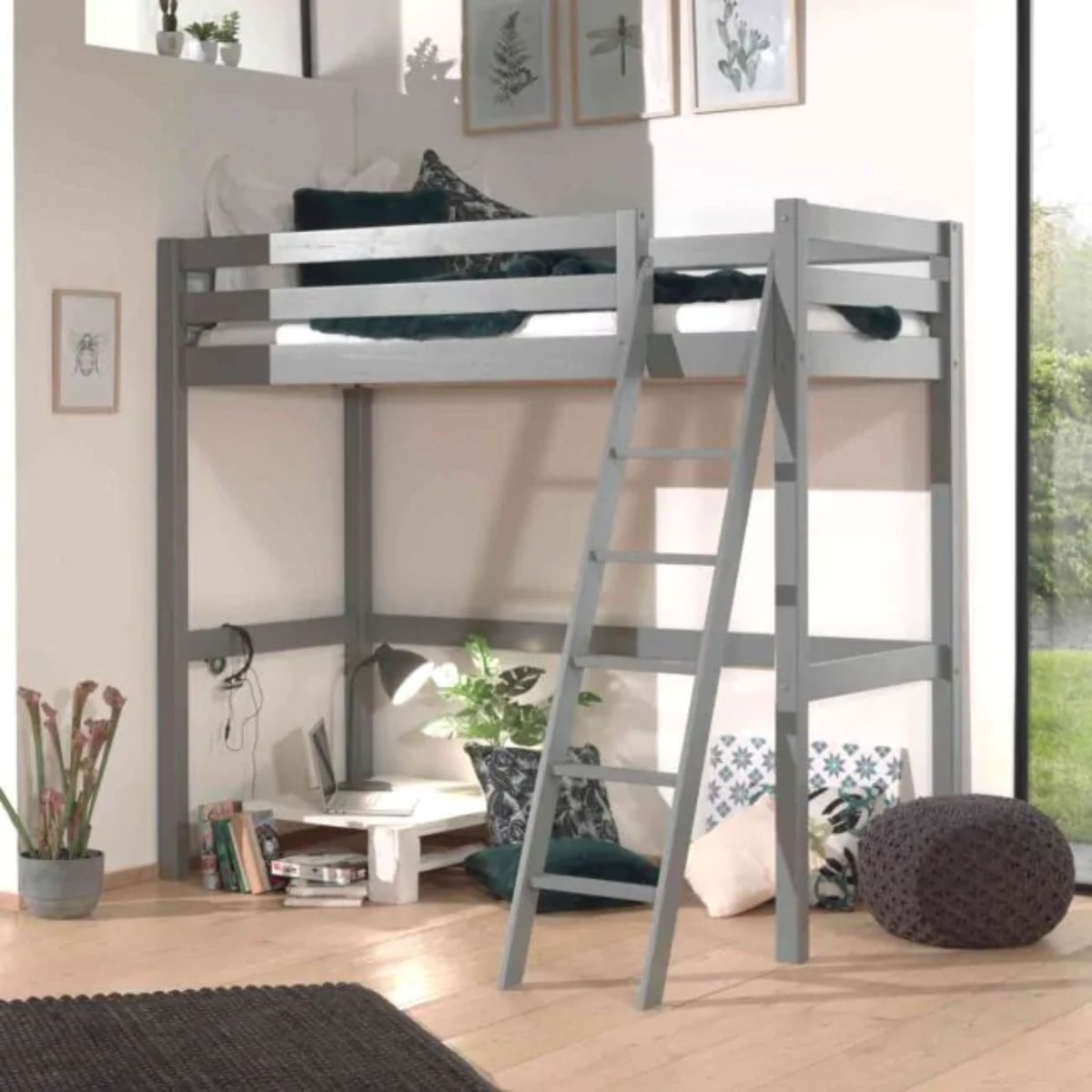 Lit mezzanine en bois massif gris, TERRE DE NUIT