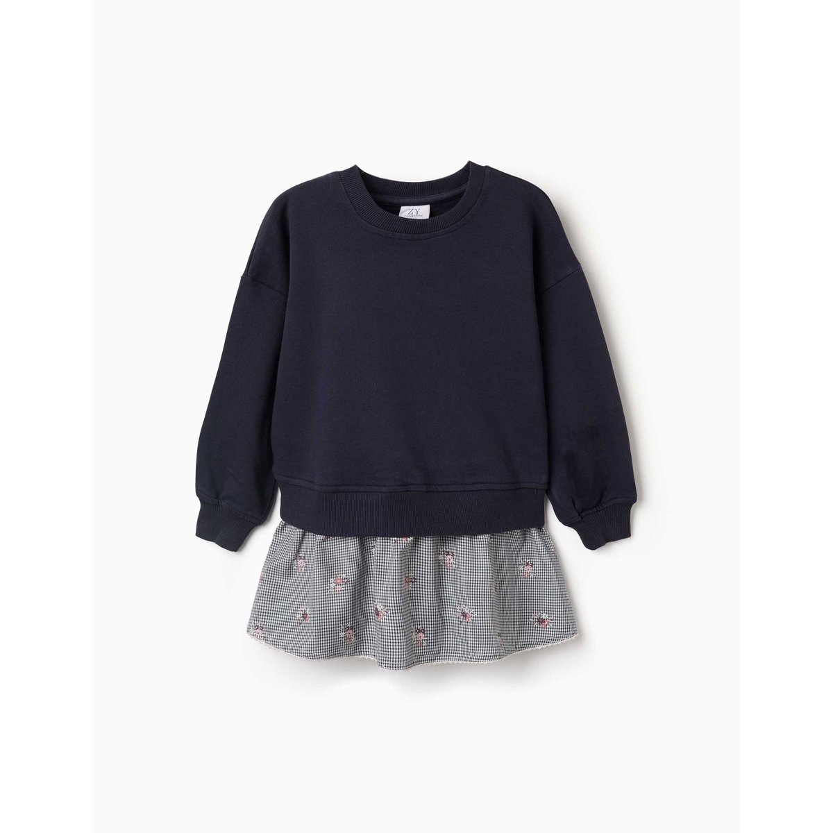 Robe bi-matière en coton avec motif Vichy bleu foncé, ZIPPY