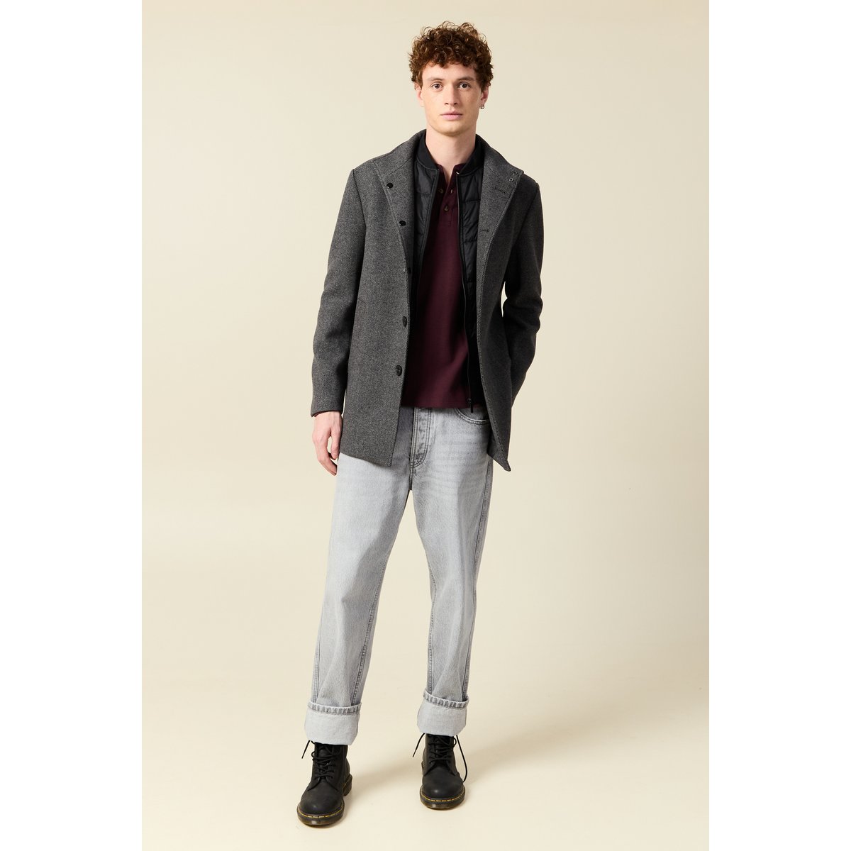 Manteau droit mi-long col montant gris foncé, BONOBO