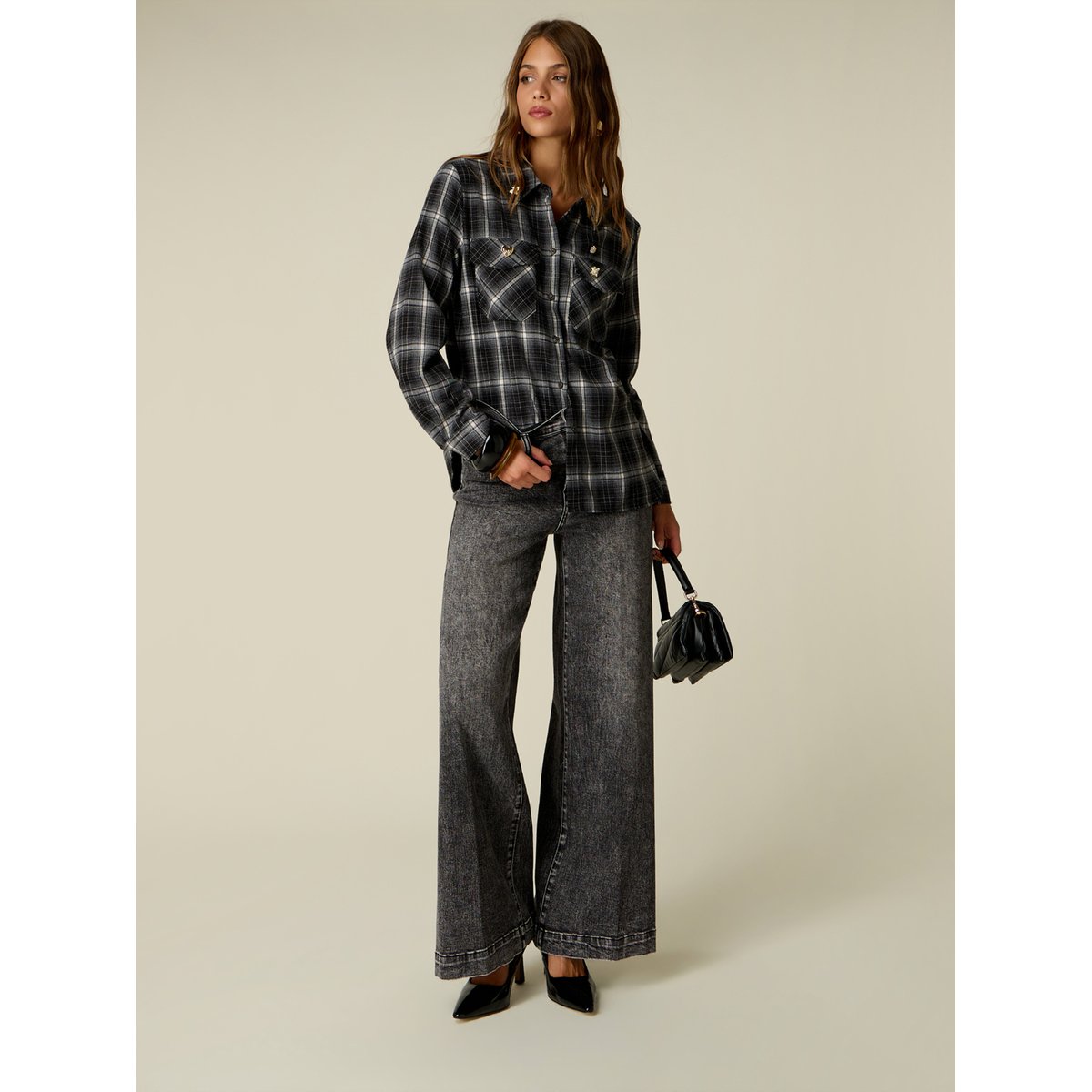 Jean wide leg délavage stone washed gris, OLTRE