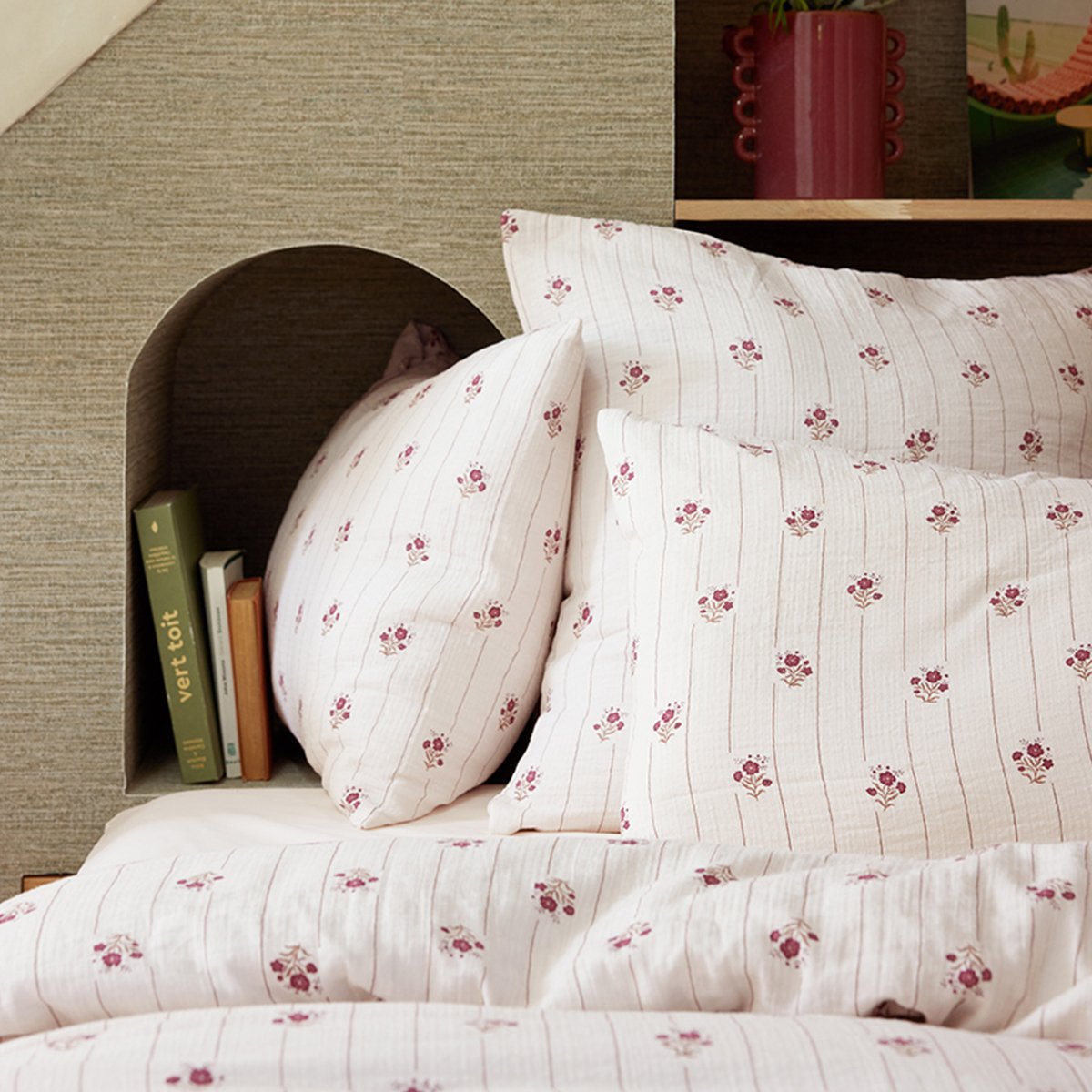Parure de lit imprimée en gaze de coton, taies rectangles, ŒILLETS D'ORIENT rose clair, ESSIX