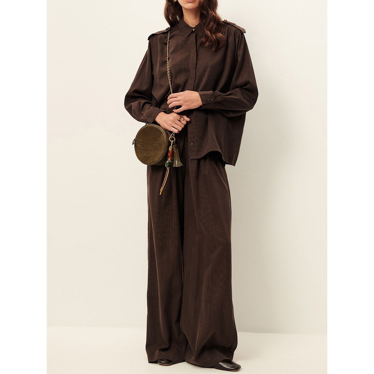 Rim Wide Leg Satin Trousers with Fine Stripes brown, SESSUN