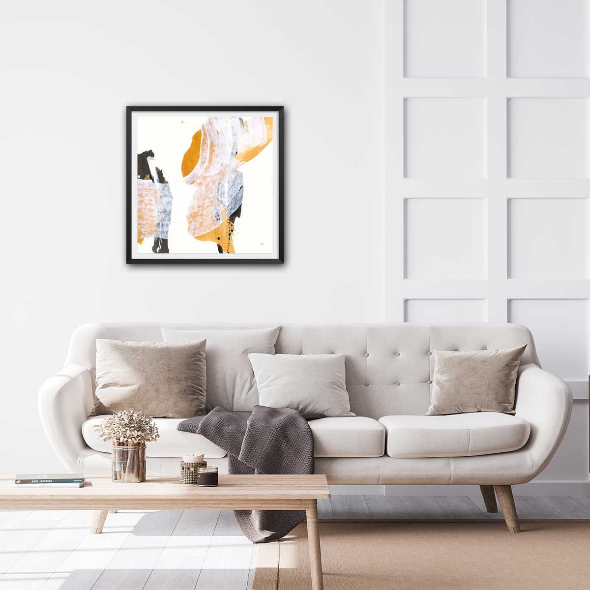 Affiche deco Coup de pinceau orangé affiche + cadre en bois - noir, HEXOA