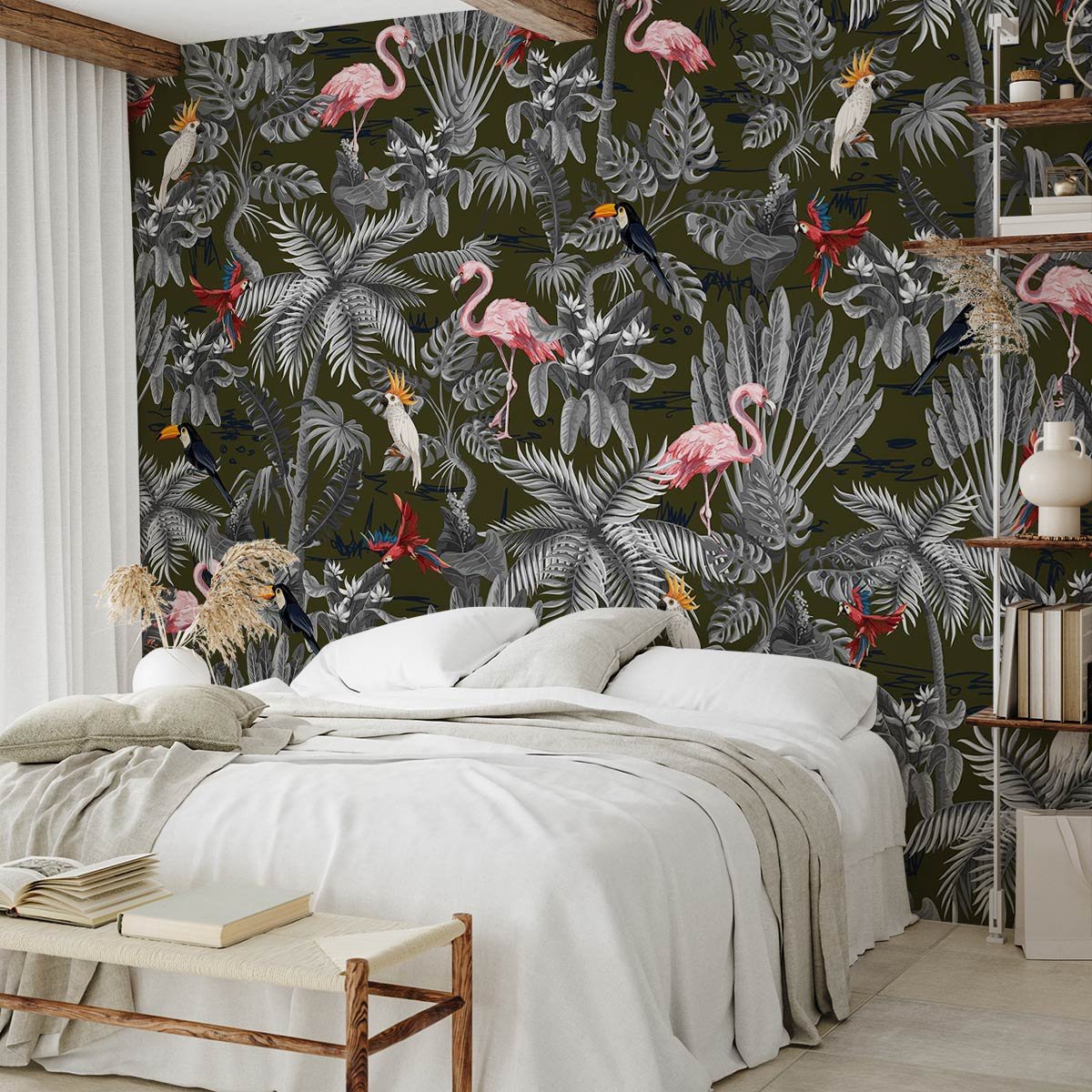 Papier peint panoramique flamants tropicaux intissé, HEXOA