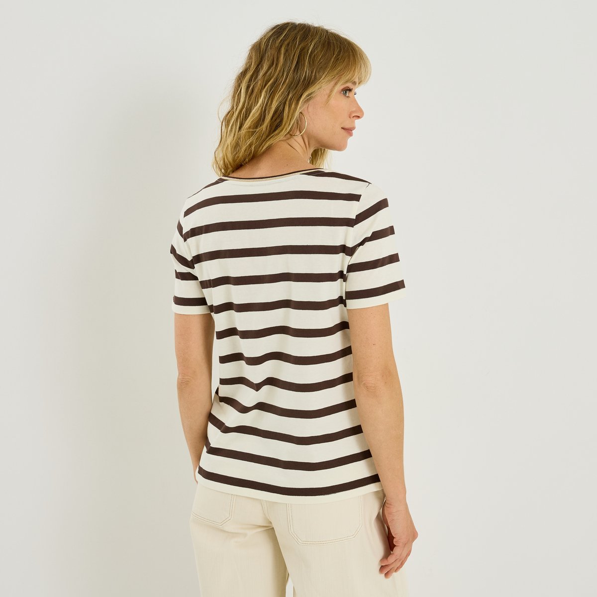 T-shirt rayé avec broderie marron chocolat, GRAIN DE MALICE