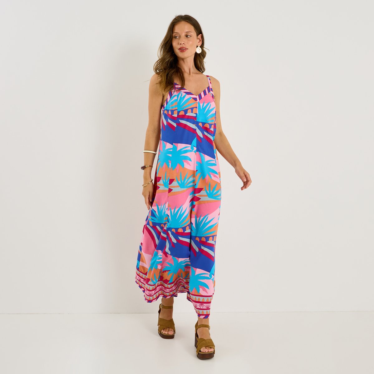 Robe longue imprimée à bretelles bleu, GRAIN DE MALICE