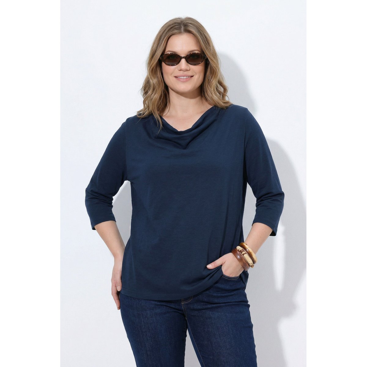 T-shirt col bénitier, manches 3/4, coton bio marine, ULLA POPKEN