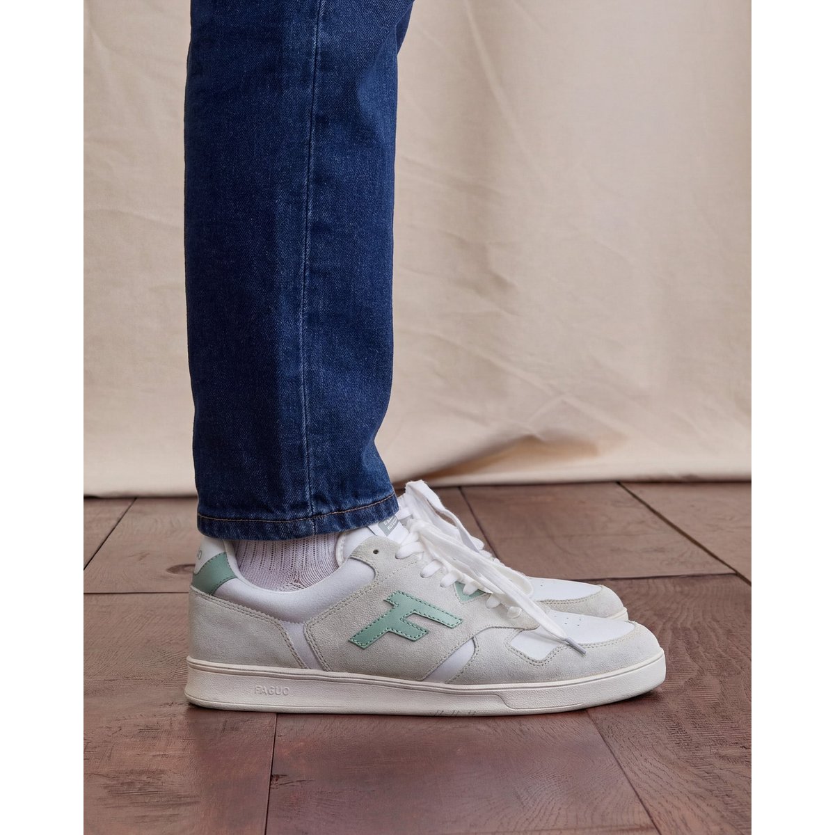 Baskets basses cuir suede PALMER blanc et vert clair, FAGUO