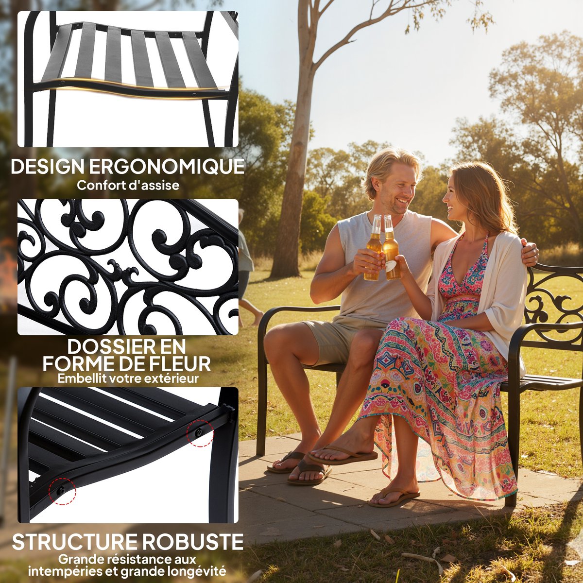 Banc de jardin Métal Noir noir, OUTSUNNY