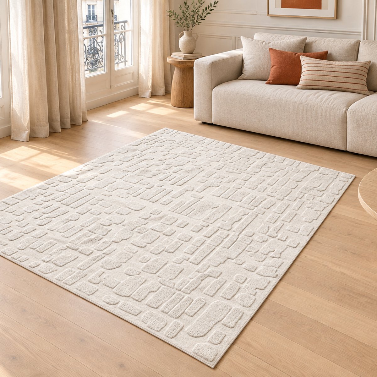 Tapis en laine naturelle fait main effet scultpté MEGEVE beige sable, AFK LIVING