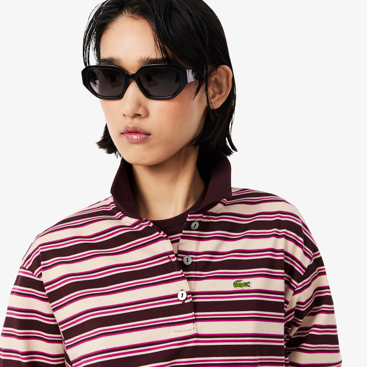 Polo manches longues rayures oversize marron-st7, LACOSTE