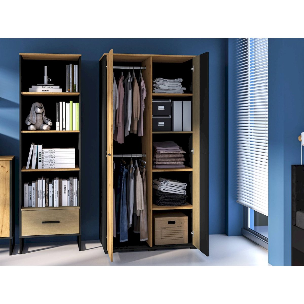 Armoire ado 2 portes collection COLT chêne craft doré, noir et acier, RECOLLECTION