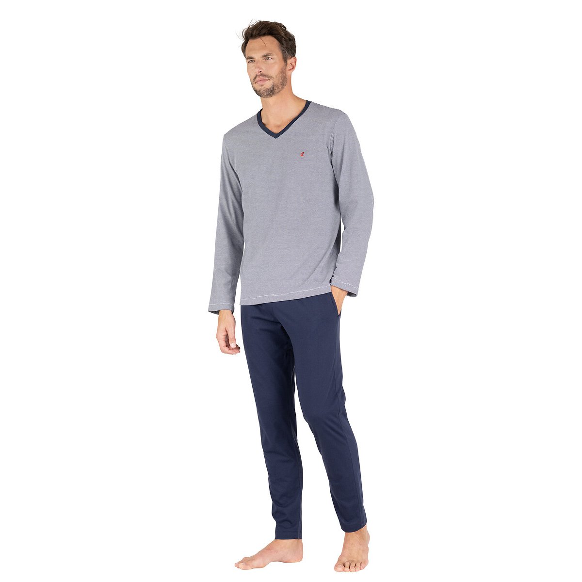 V-neck pyjamas with striped top navy blue, EMINENCE