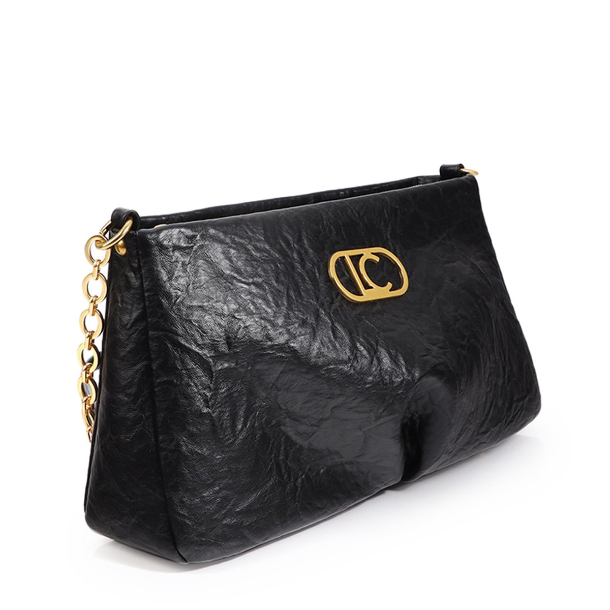 Sac à bandoulière plissé avec logo ovale doré noir, LOLA CASADEMUNT
