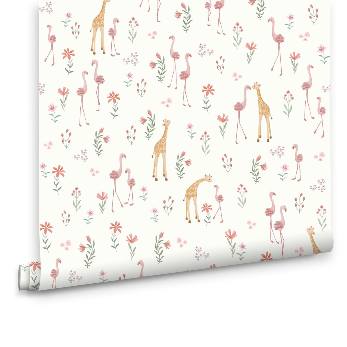 Papier peint fleuri pour enfant Bébé girafe rose, beige, ocre, LITTLE DUTCH