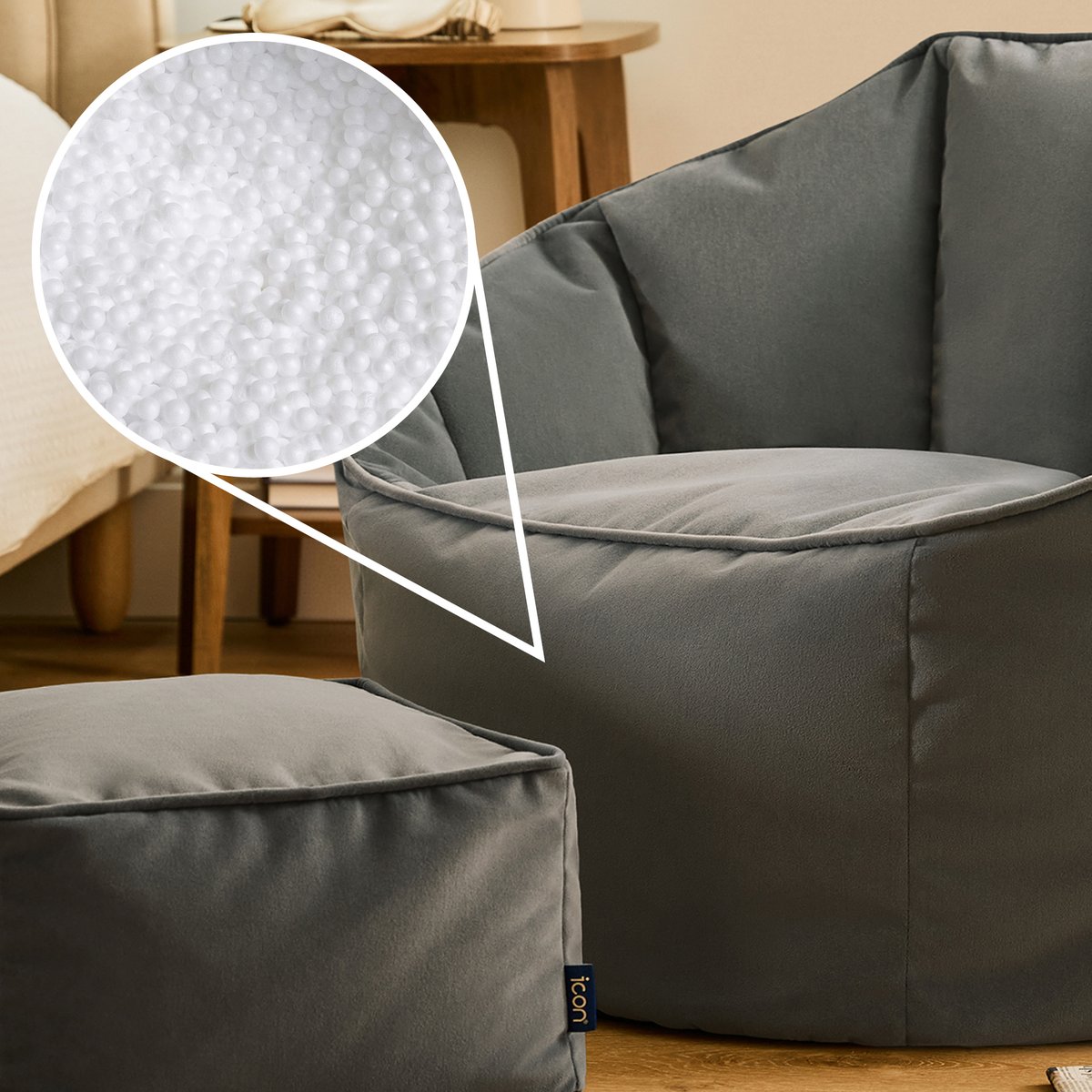 Pouf fauteuil coquillage et son repose-pied carré en velours mat Oeko-Tex® - SIRENA gris anthracite, ICON