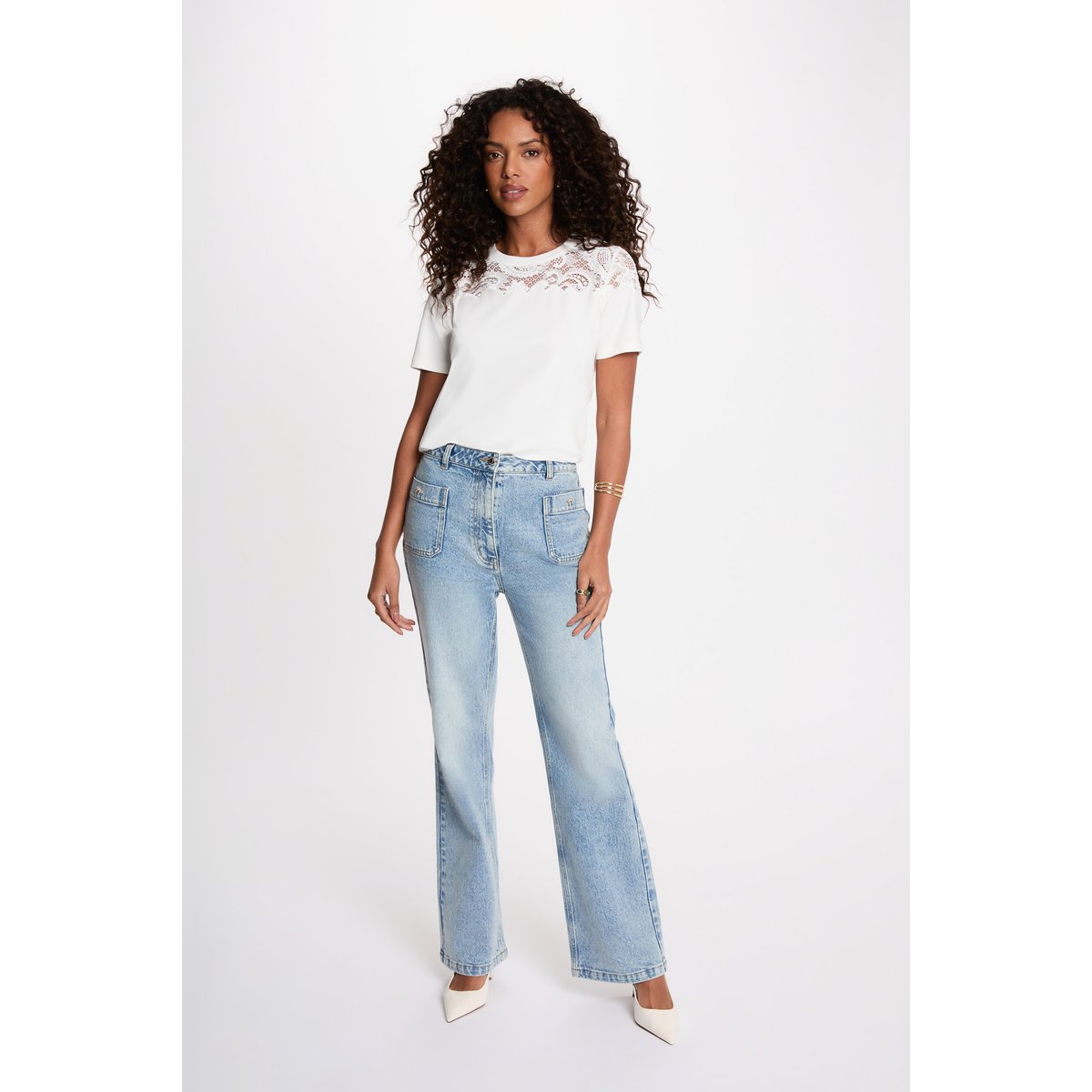 T-shirt dentelle manches courtes blanc, MORGAN