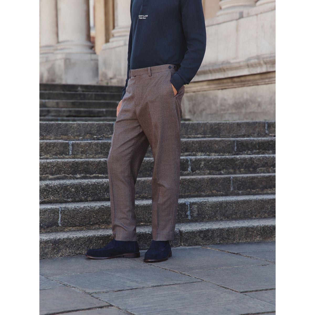 Pantalon de costume pied-de-poule en laine marron, NEXT