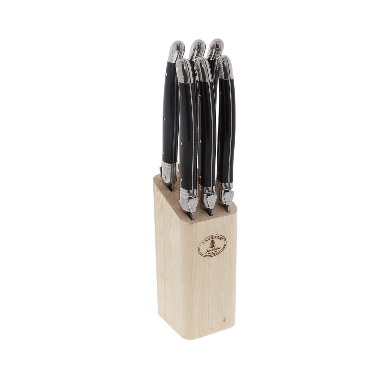 6 couteaux laguiole 'angle' avec bloc en bois naturel noir, JEAN DUBOST