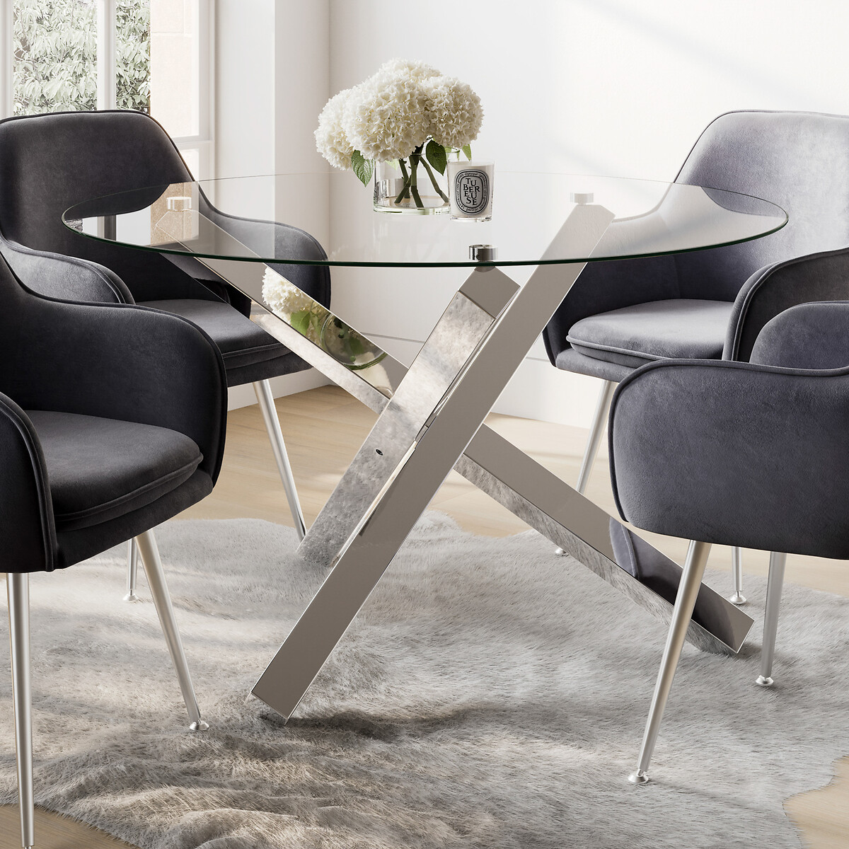 Calissa Round Glass & Chrome Dining Table (Seats 4) glass, SO'HOME