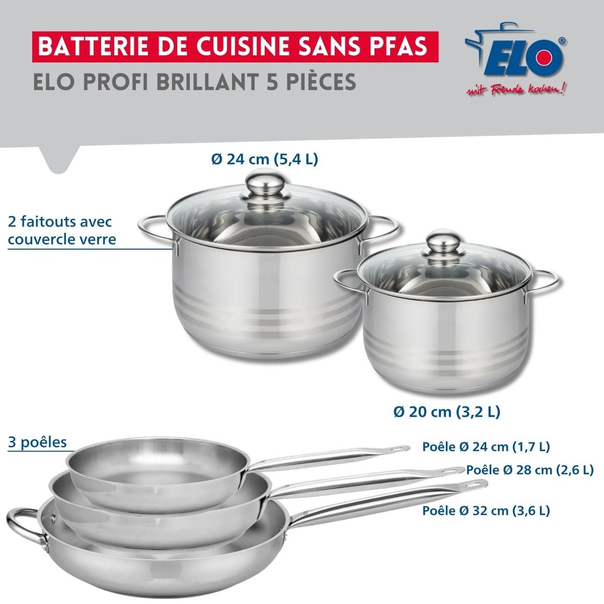 Batterie 3 poêles 24/28/32cm + 2 faitouts 20/24cm PROFI BRILLANT gris, ELO