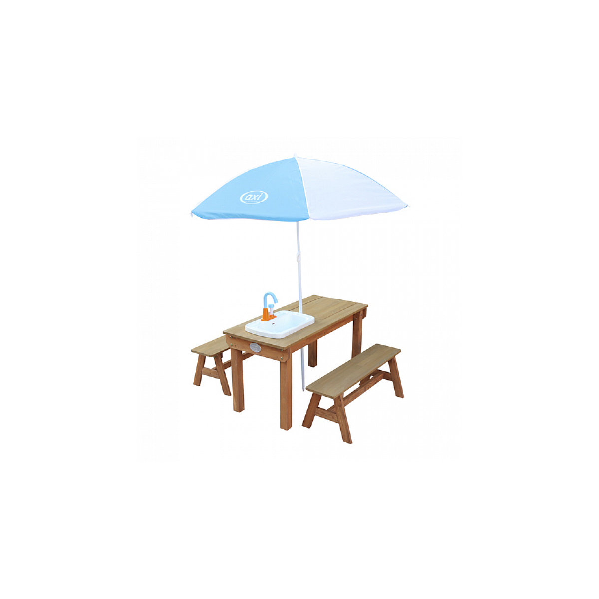 AXI Dennis Table sable et eau Picnic avec cuisine evier et banc Marron Parasol Bleu Blanc couleur unique, AXI HOUSE