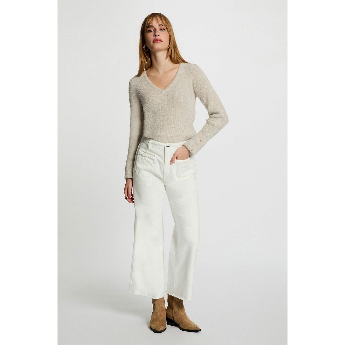 Fine Knit Jumper with V-Neck clay, MORGAN