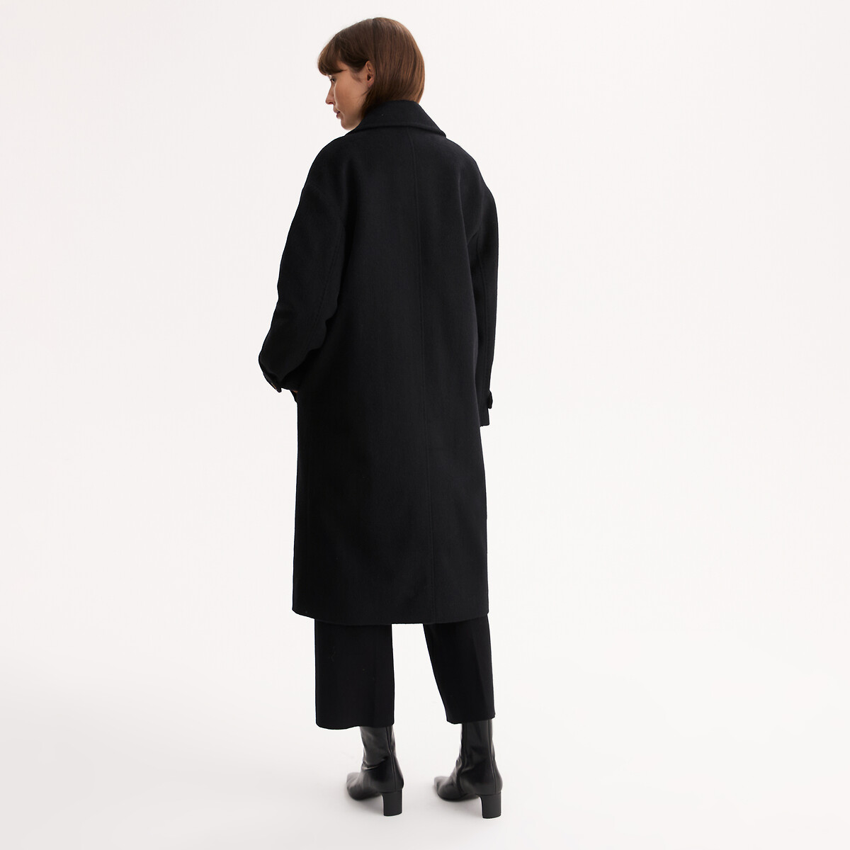Manteau long, fermeture boutonnée, drap de laine noir, ANNE WEYBURN