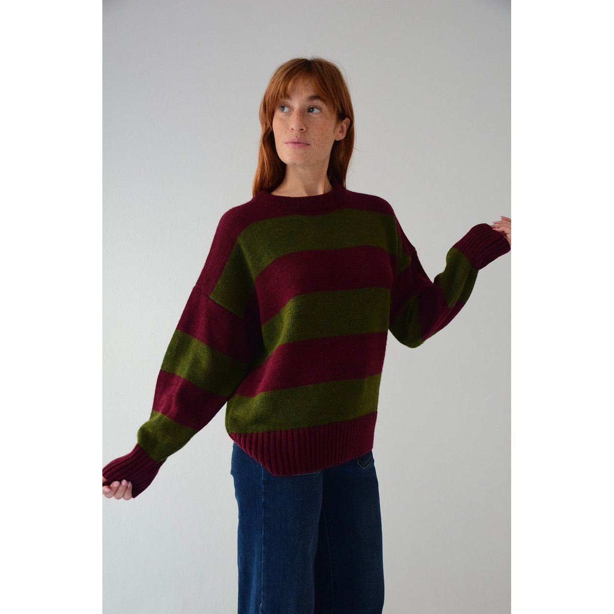Pull rayé col rond ALEX kaki / bordeaux, MINDTRAVELER