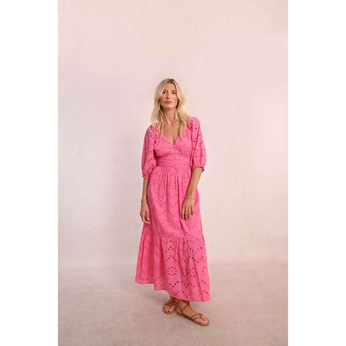 Embroidered Long Dress with Short Sleeves pink, MOLLY BRACKEN