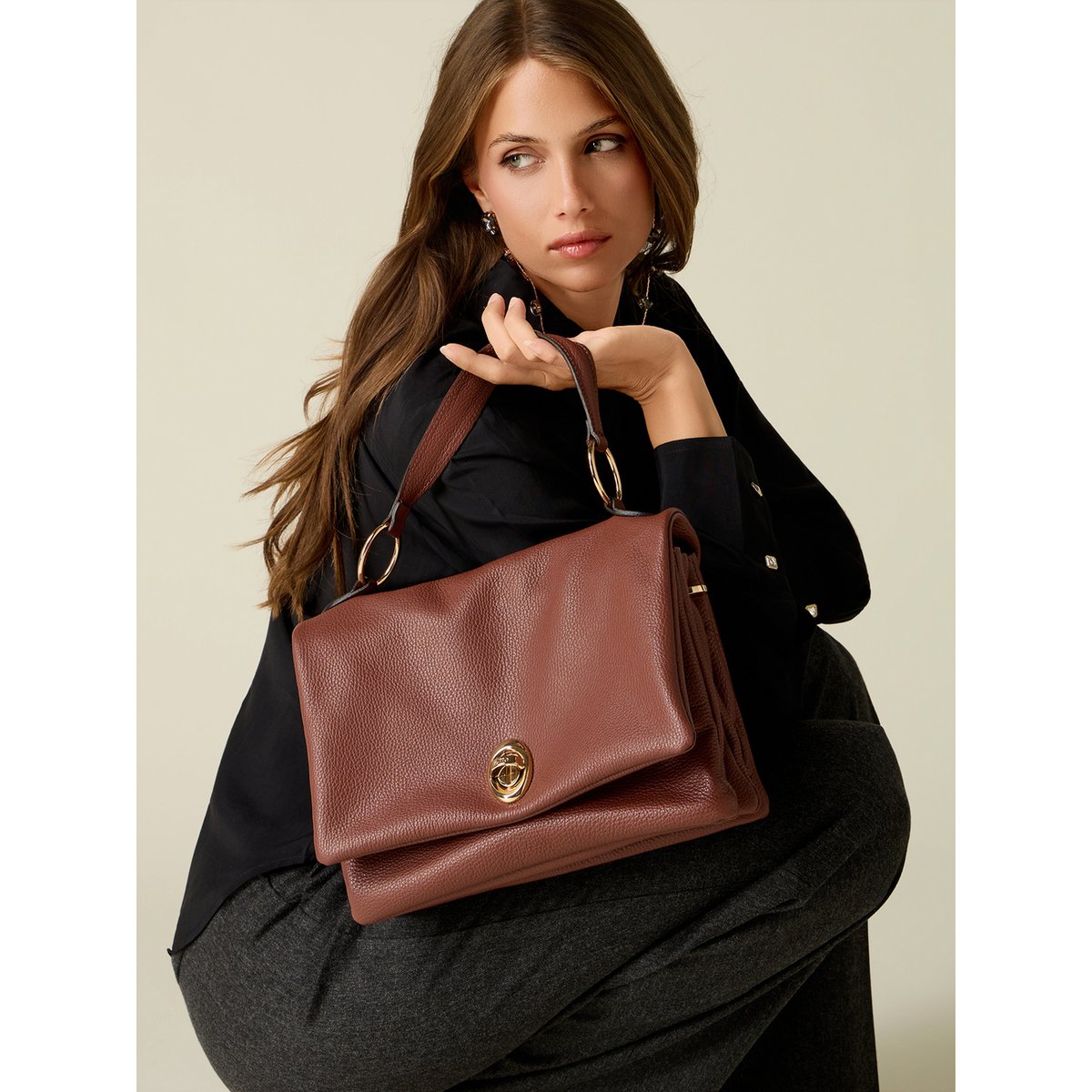Borsa a tracolla in vera pelle beige, OLTRE