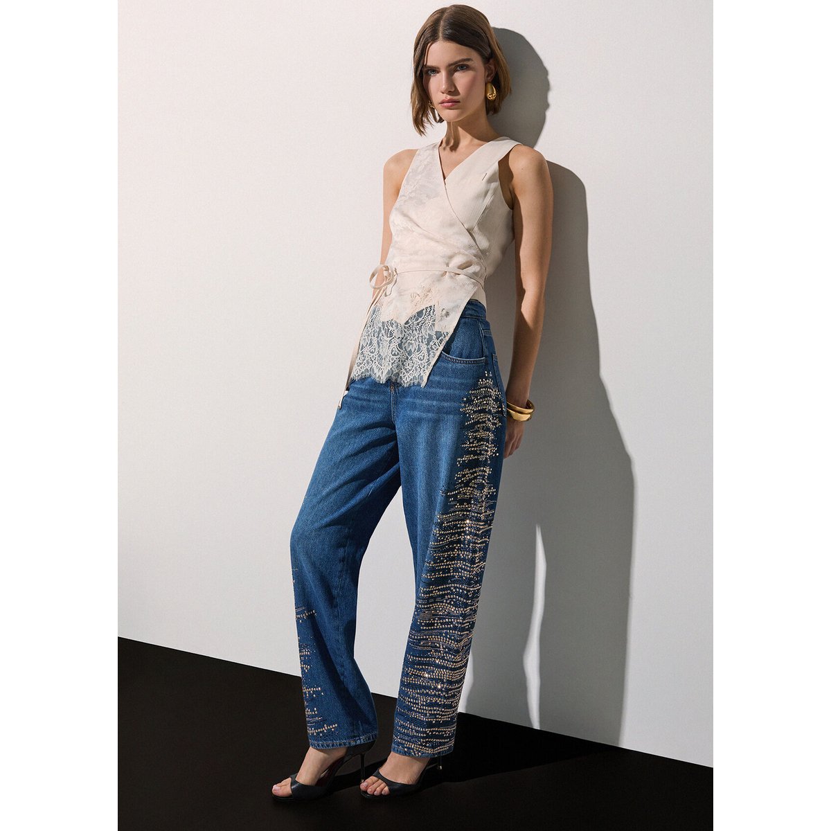 Jean droit avec broderies bijoux denim bleu, LIU JO
