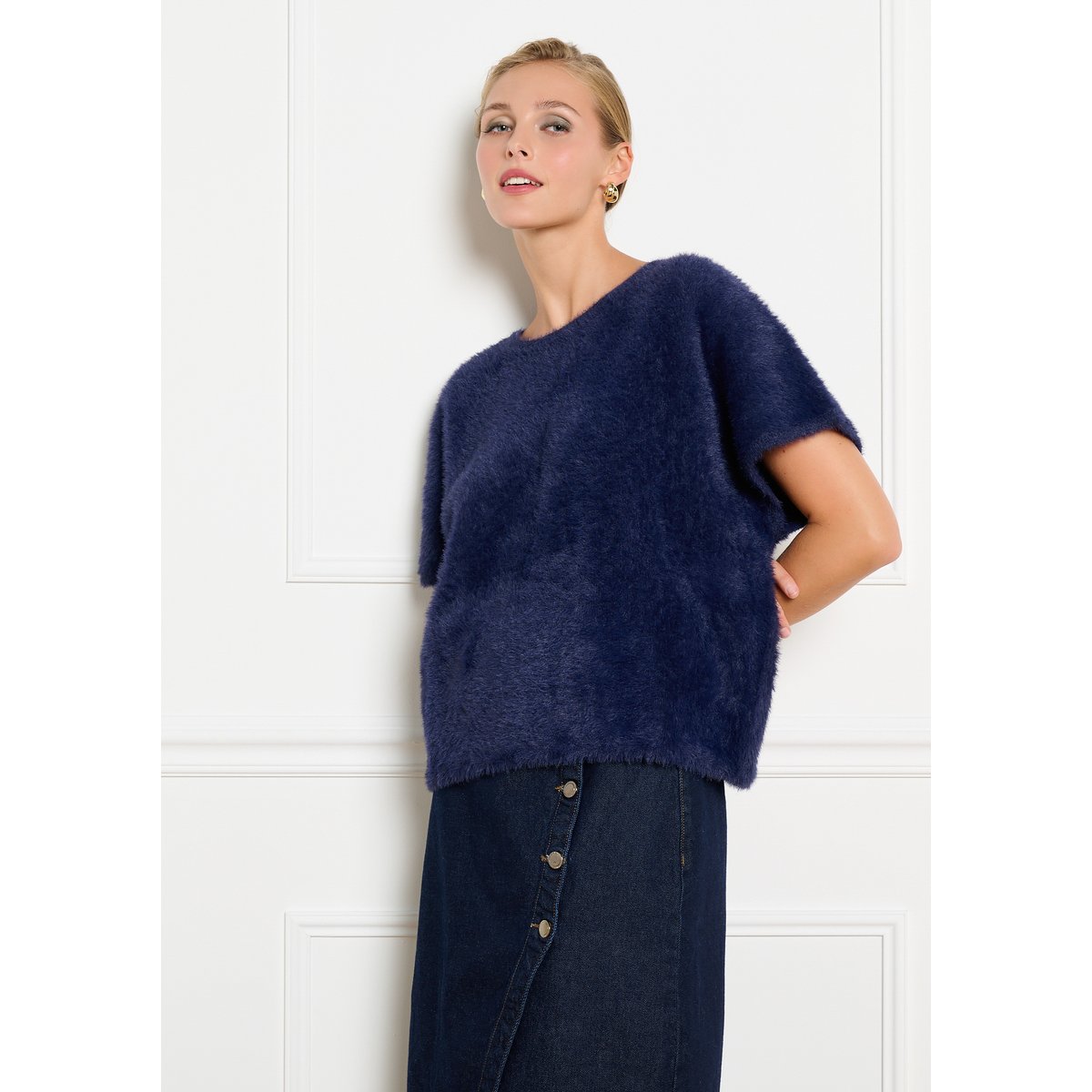 Pull doux à manches chauve-souris bleu marine, LOLALIZA