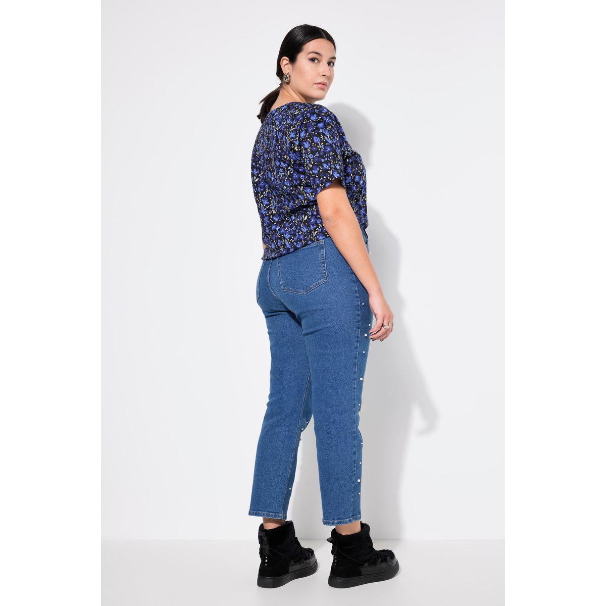 Jean mom 5 poches à perles fantaisie classique denim bleu, STUDIO UNTOLD