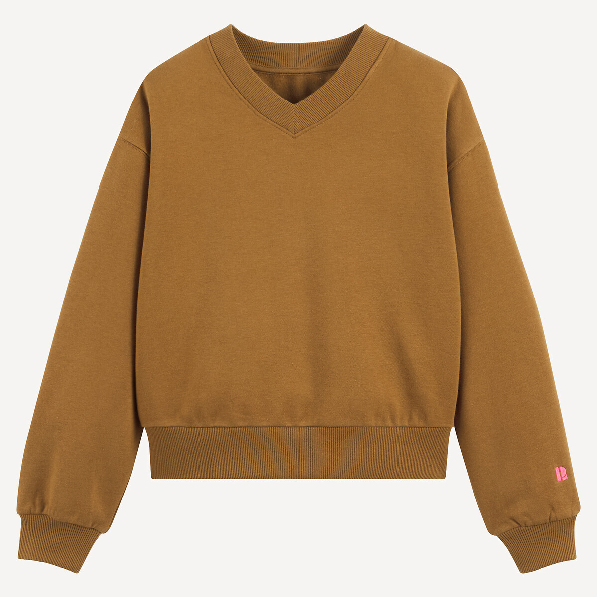 Fleece V-Neck Sweatshirt khaki, LA REDOUTE COLLECTIONS