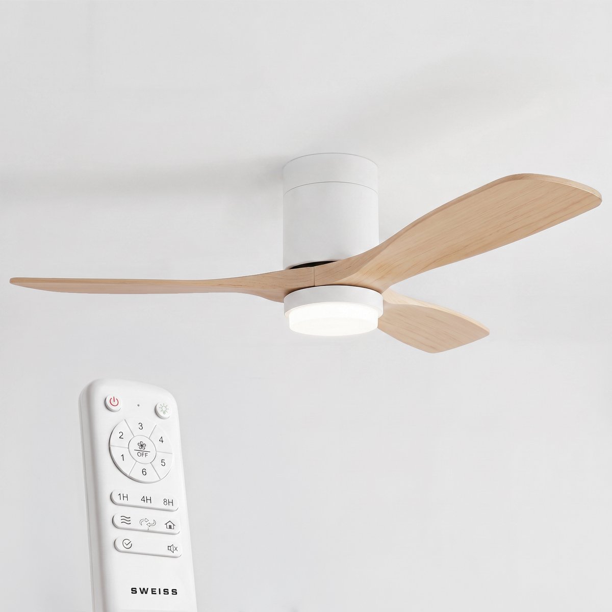 Sweiss FLOW22 - Ventilateur de plafond avec LED, 6 vitesses, Bois clair bois clair, SWEISS