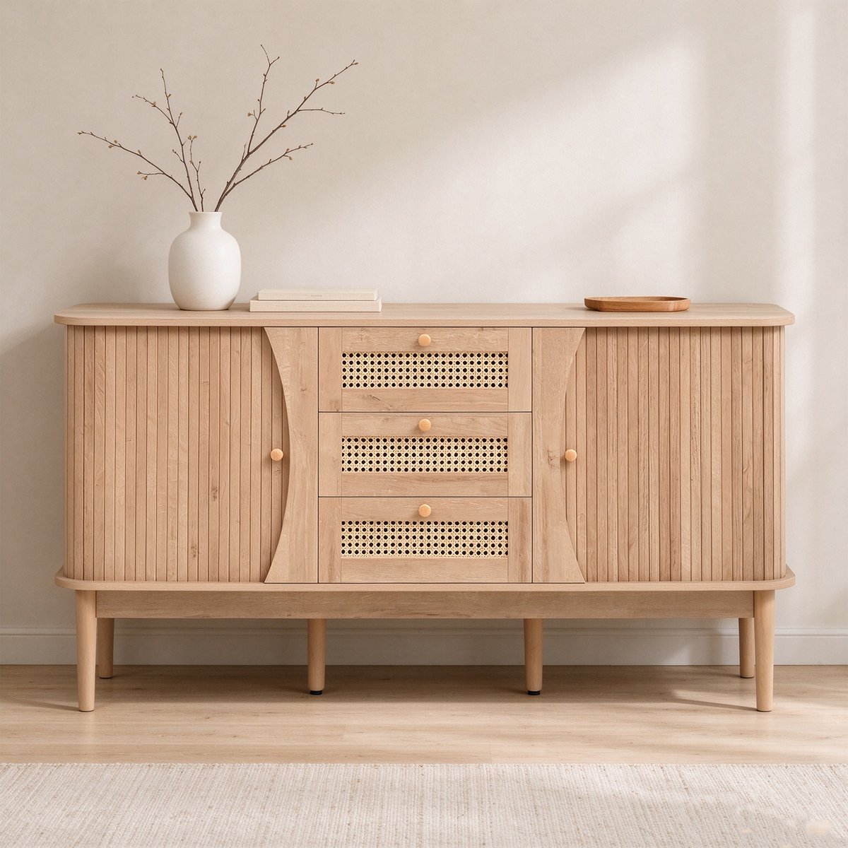 Armoire de rangement avec 2 portes 4 couches et 3 tiroirs ovale style scandinave, KIMIA Armoire chêne, MEUBLES COSY