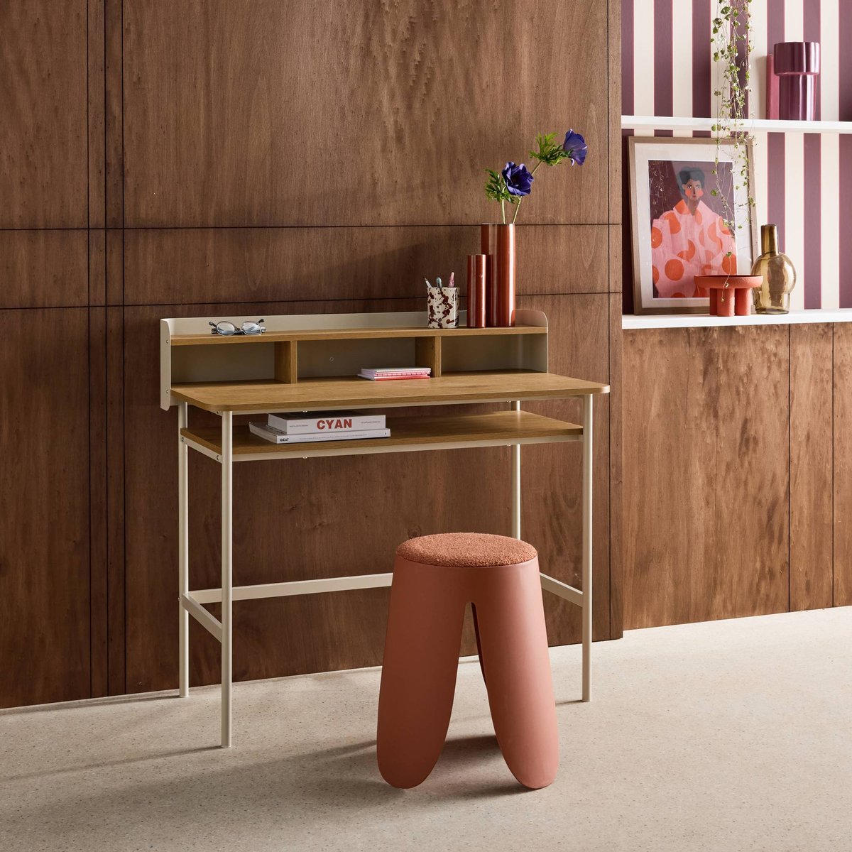 Bureau métal et décor bois 3 niches MOLTO beige, SWEEEK