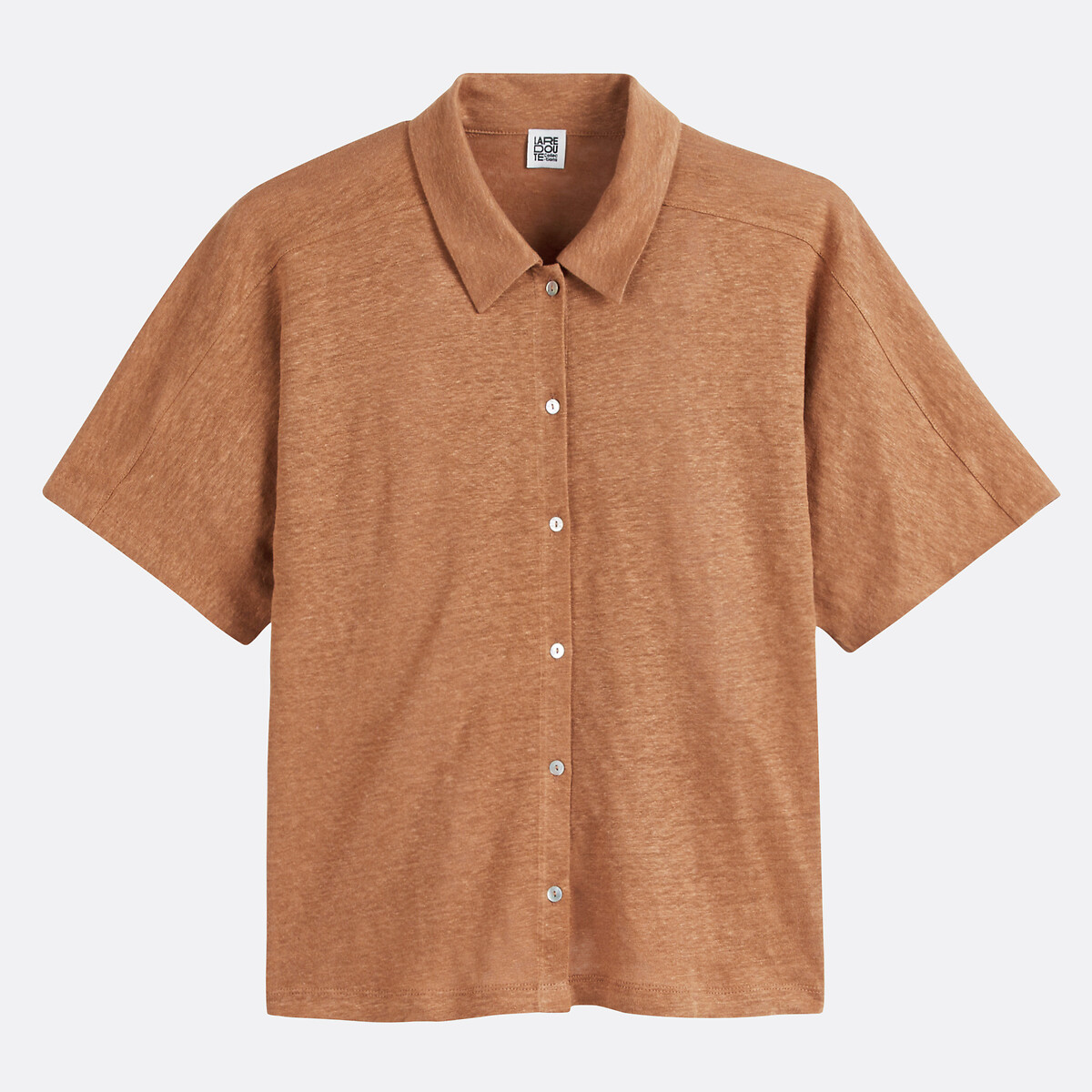 T-shirt en lin col polo, manches courtes marron camel, LA REDOUTE COLLECTIONS